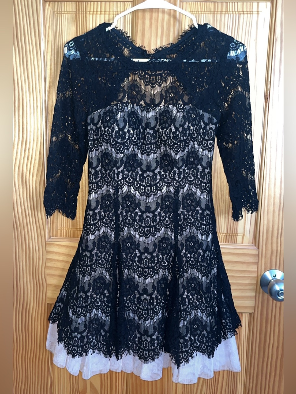 Betsy & Adam Black Lace Overlay Dress with Cream Underlay